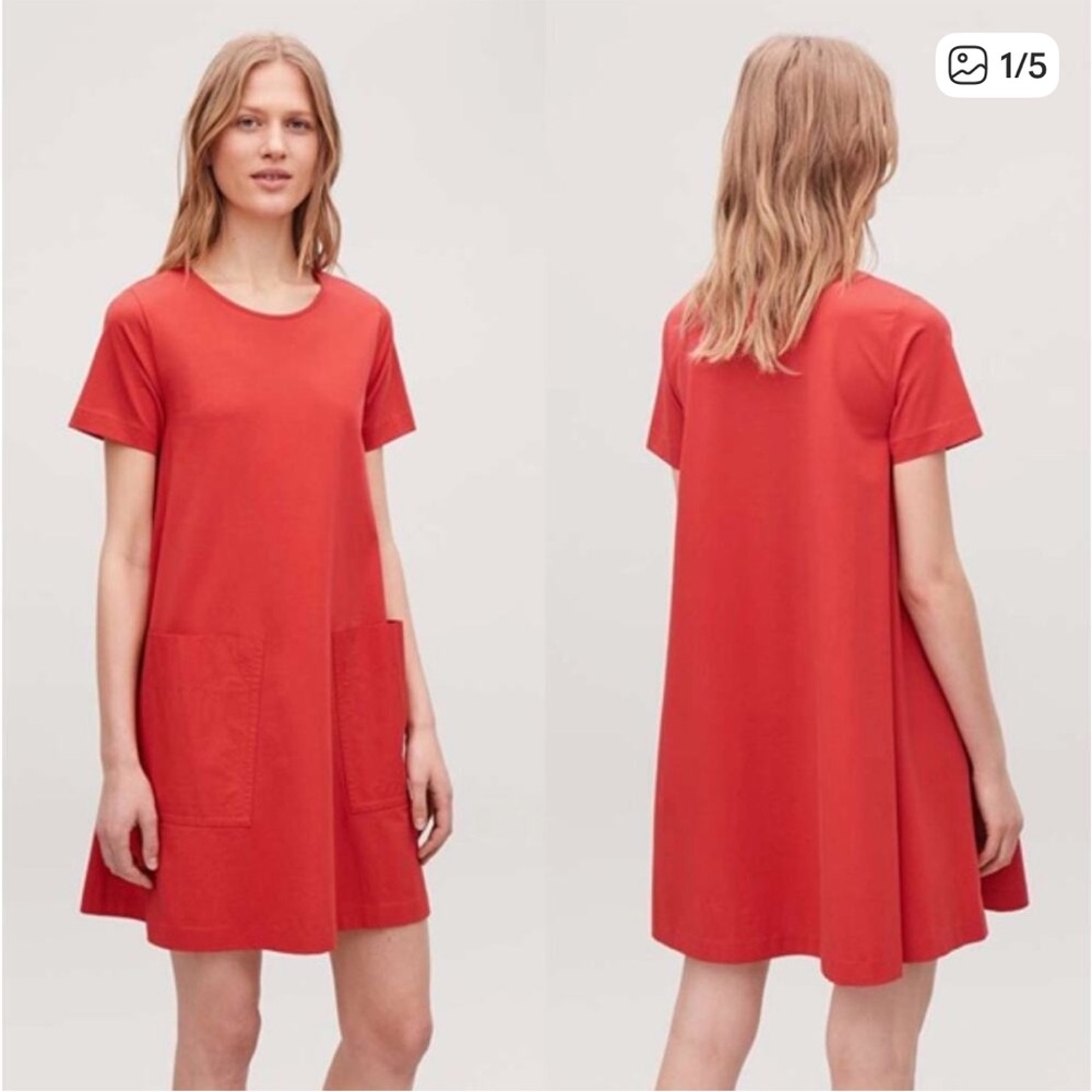 COS A-line Jersey Knit Dress patch pockets short sleeves red orange Eur M